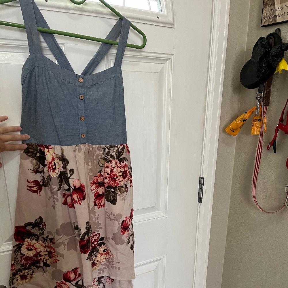 Hi-low denim and floral maxi dress